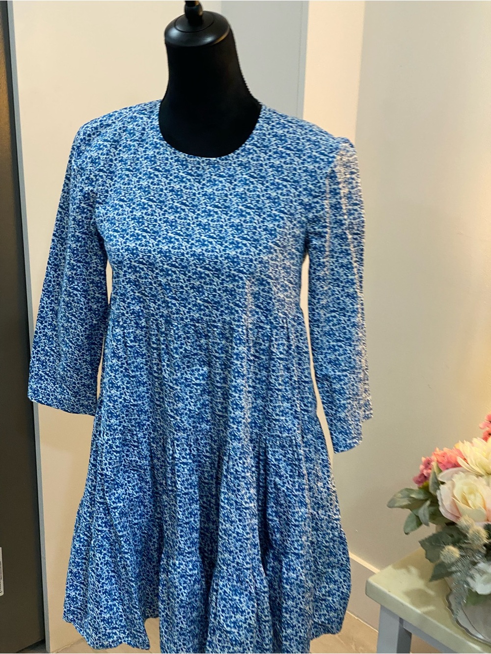 Zara Blue Micro-Print Long Sleeve Tiered Dress